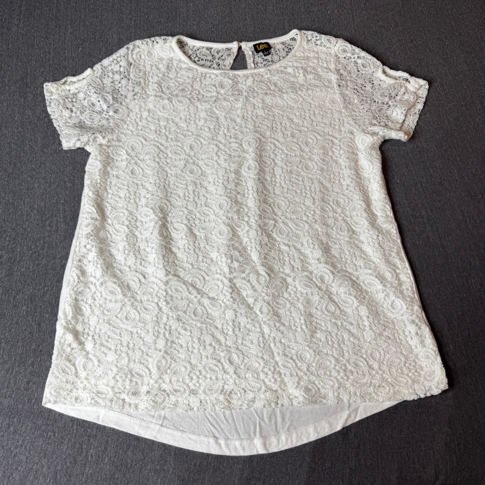 Vintage Lee Women's White Lace Overlay Top Short Sleeve Keyhole Back Size L